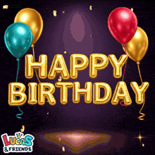Colorful cartoon birthday party scene with balloons and confetti representing birthday GIFs for friends
